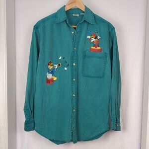 DISNEY Men's Small Mickey Donald Embroidered Green Button Down Shirt